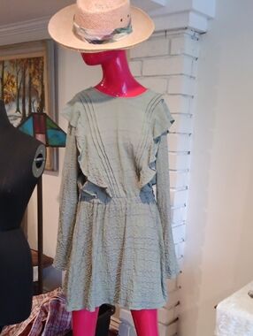Zara Light Sage Long Sleeve Ruffle-Trim Dress